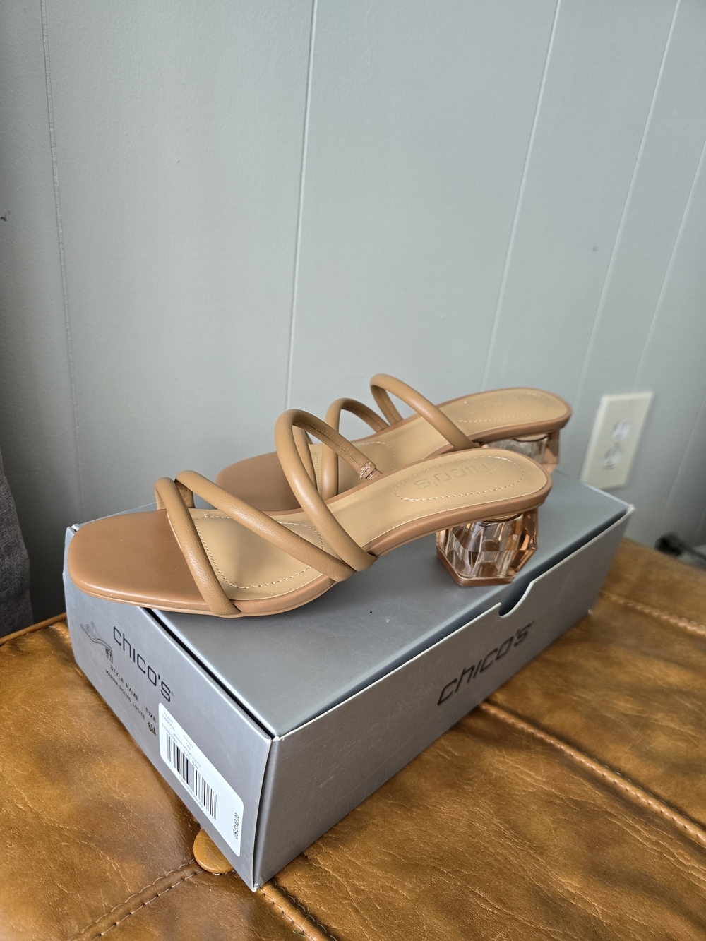 Chico's Nude Strappy Sandals with Clear Chunky Geometric Heels